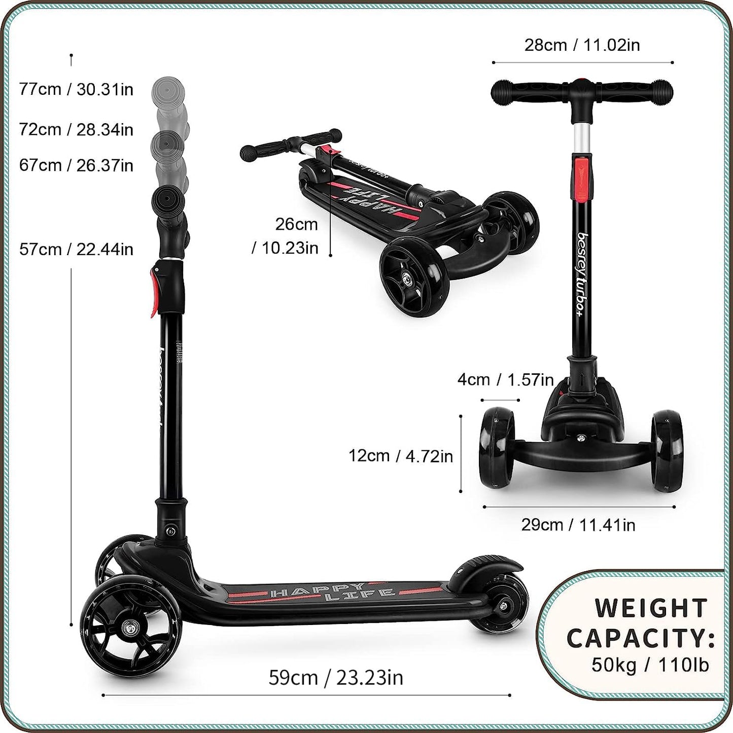 besrey 3-Wheel Toddler Scooter with Lean-to-Steer — Foldable, Anti-Slip Deck | Max 50 kg