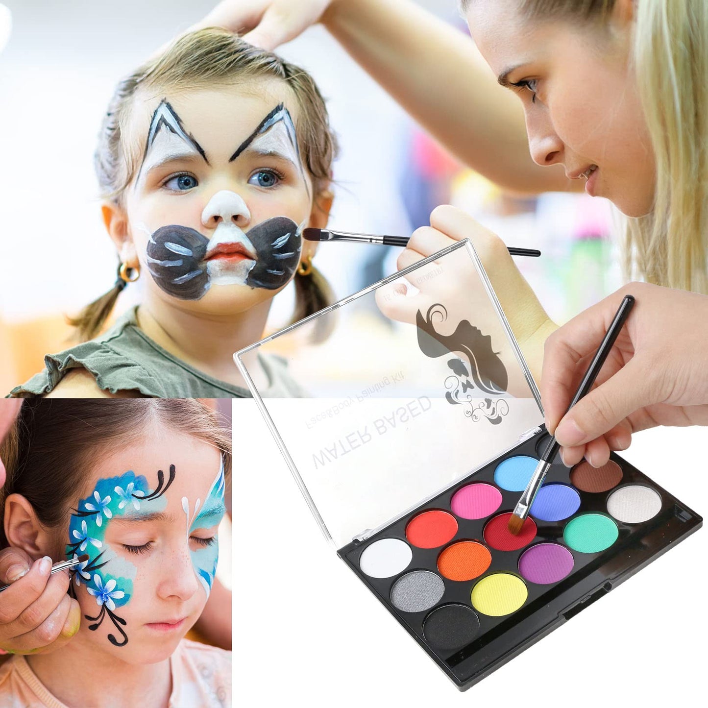URAQT Face Paint Kit, 15 Color Face & 15 Color Neon Ultraviolet Painting with 2 Brushes 80 Stencils, Washable Safe Body Paint for Adults Kids Halloween Party Carnival, Makeup Paint Non-Toxic to Use