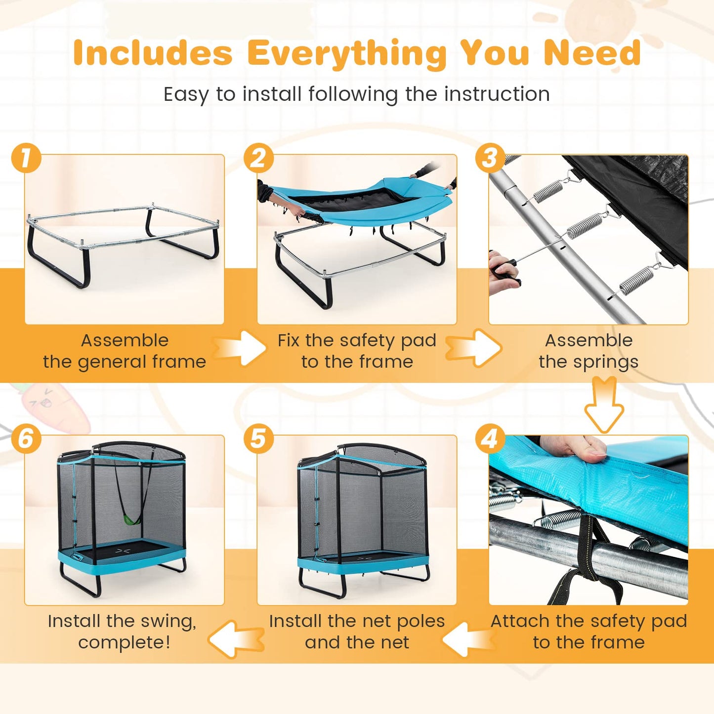 COSTWAY 6FT Kids Trampoline, 2 in 1 Toddler Trampolines with Swing and Enclosure Safety Net, Rectangle Trampoline for Outdoor