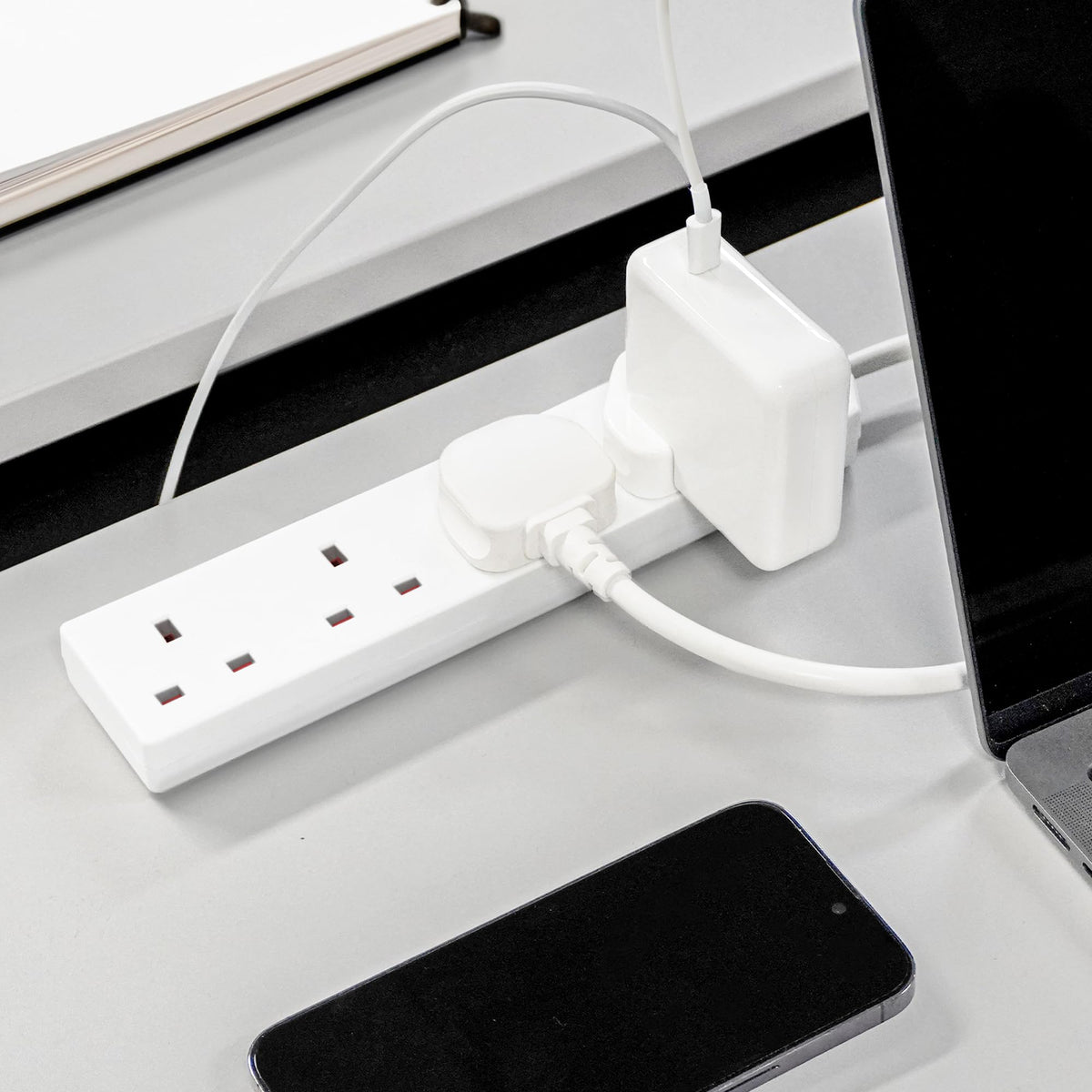 DESIRETECH Black Electric Extension Lead - 4 Gang, 1 Metre Cable with UK Plug & 3 Pin Socket - Wall Mountable & Multi Socket Mains Strip for Home, Bedroom, Kitchen, & Office (1 Pack)
