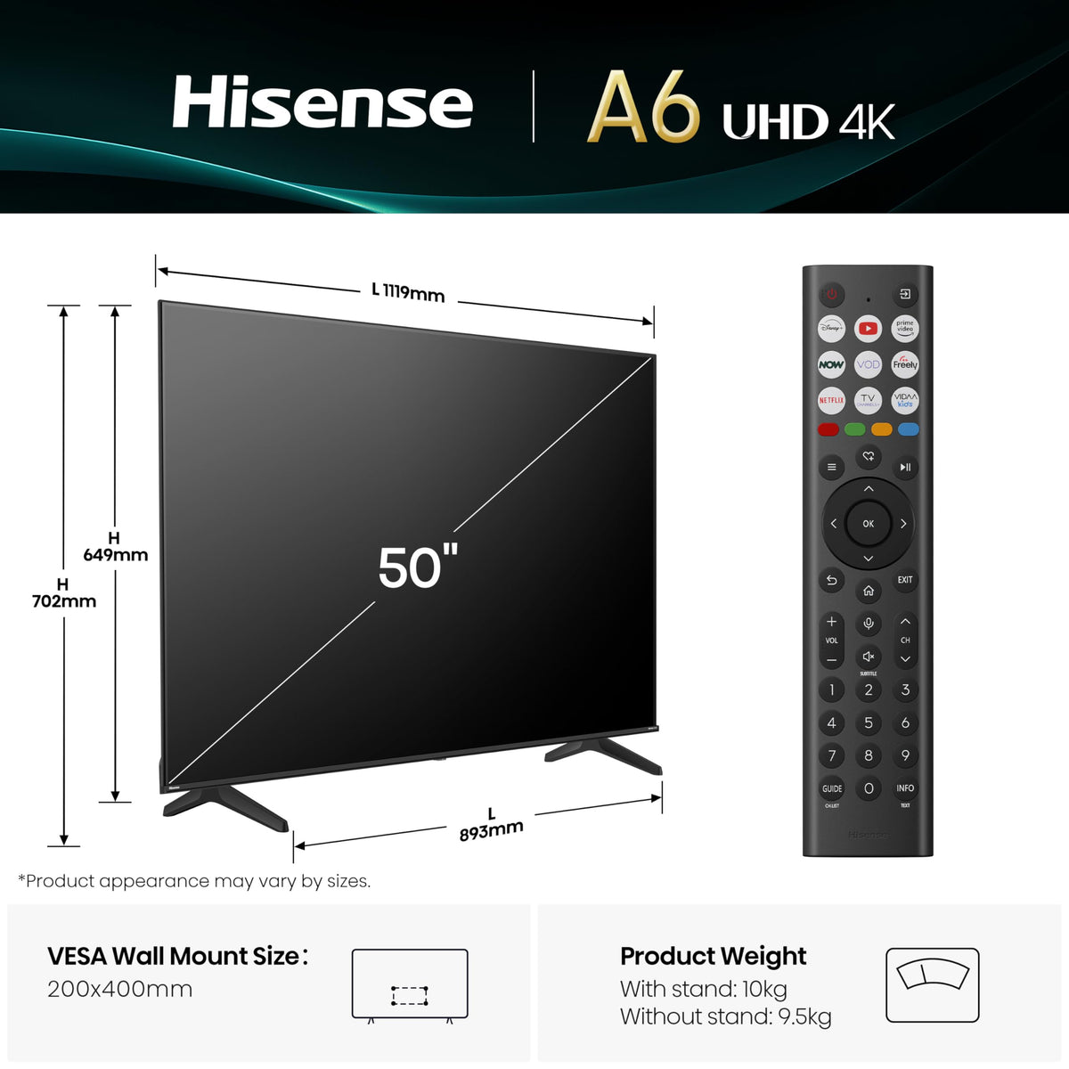 Hisense 50 Inch 50E6QTUK 4K Ultra HD Smart AI TV