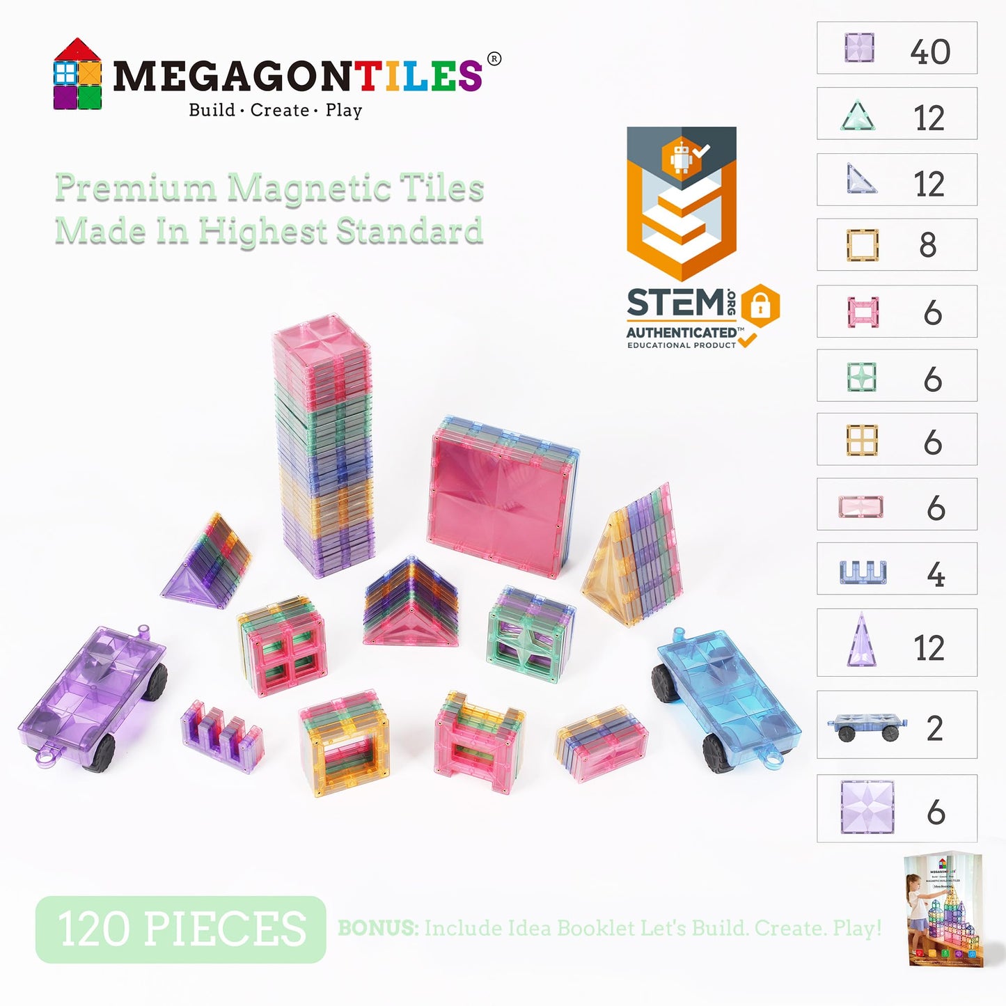MEGAGONTILES 110PCS Premium Magnetic Tiles Set | STEM-Authenticated Magnetic Building Blocks | Educational Construction Toy for Kids Ages 3–8 (Boys & Girls)