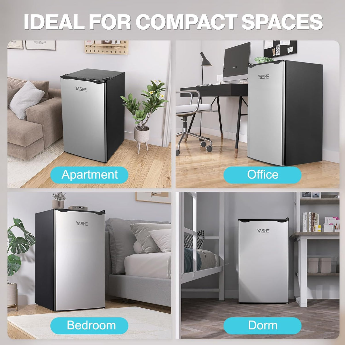 YASHE 92L Mini Fridge with Freezer, Single Door Compact Refrigerator, Small Fridge with Adjustable Thermostat, Large Capacity, Reversible Door, Mini Refrigerator for Bedrooms, Offices, Dorms, Silver