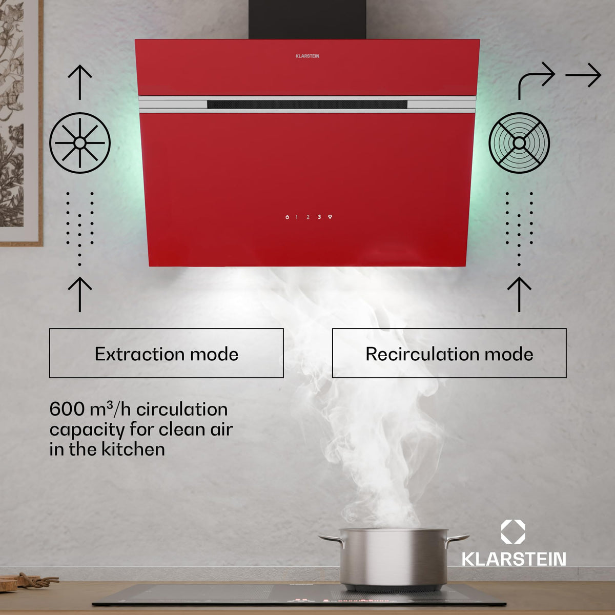 Klarstein Alina 90 Angled Cooker Hood - 615m³/h Air Flow, Touch Panel, LED Backlighting, Quiet 63dB, Energy Class A, 90cm Extractor Hood, Black