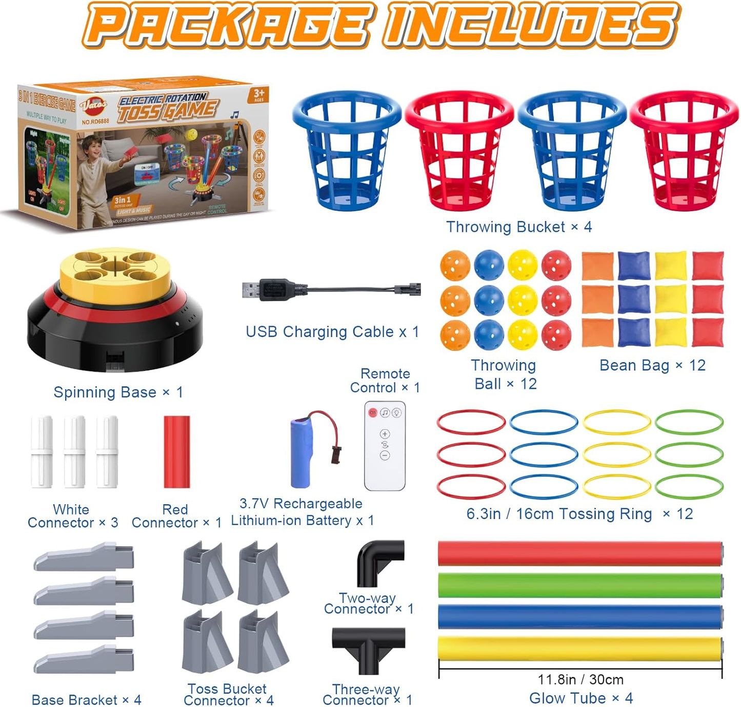 VATOS 3 in 1 Bean Bag & Ring Toss Game, Musical Jumping for Kids, Electric Spinning Base with Remote, Lights, 12 Sandbags, 12 Tossing Rings, 12 Balls, Indoor Outdoor Backyard Sport Toy for Boy Girl 3+