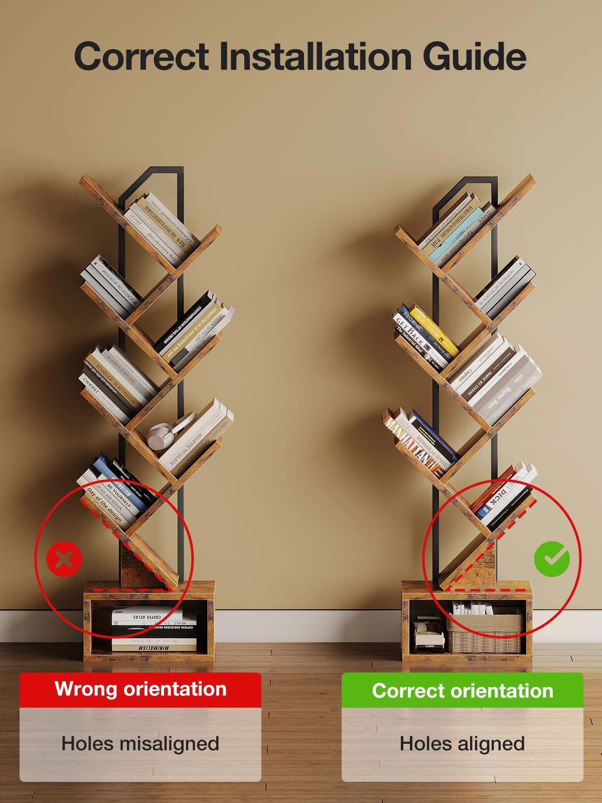 Coleshome Tree Bookshelf, 6-Tier Floor Standing Bookcase, Bookcases suitable for bedrooms and living rooms, Wooden bookshelves suitable for bedrooms and living rooms, White