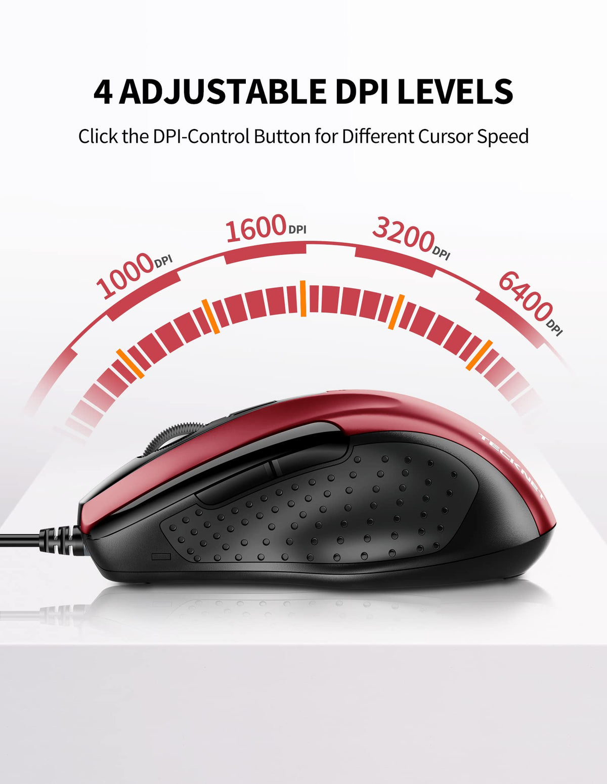 TECKNET USB Wired Mouse, 6400 DPI Mice 4 Adjustable DPI with 6-Button Corded, Optical Computer Mouse with Ergonomic Design for Laptop, Chromebook, PC, Desktop, Mac, Notebook