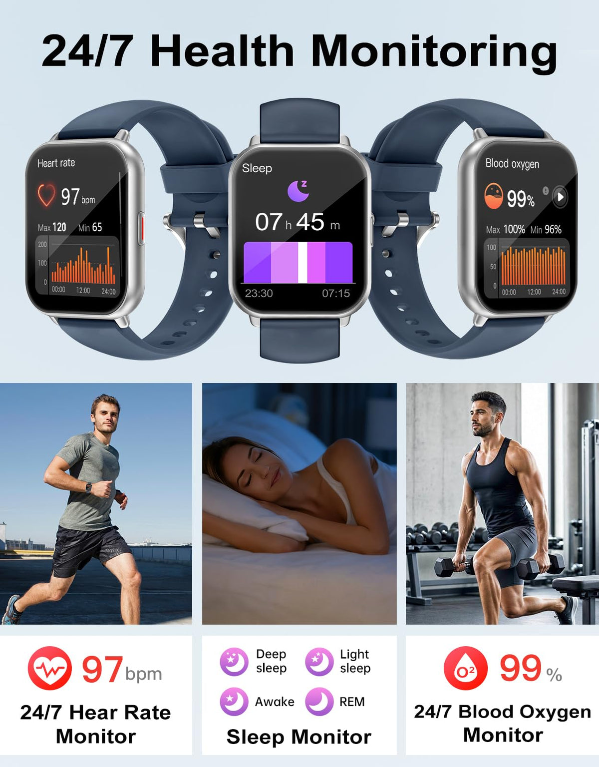 RUIMEN Smart Watch Answer Dial Call,Smart Watches for Women Men 1.85" HD Screen Fitness watch with SpO2 Heart Rate Sleep Monitor Step Counter Waterproof 100+ Sports Mode for Android iOS (2 Bands)