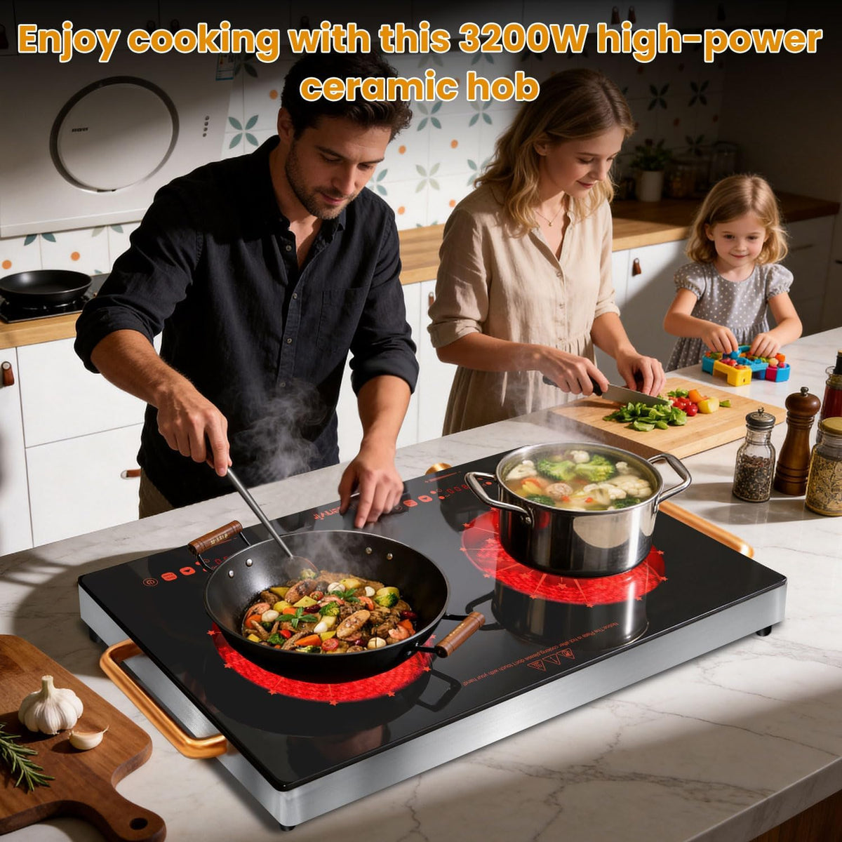 Double Ceramic Hob with Handle, Plug in 2 Ring Electric Hob