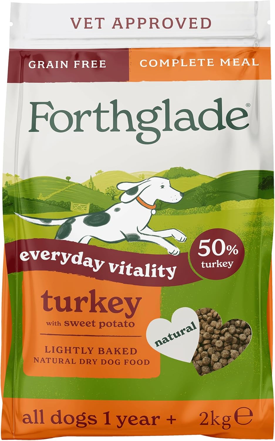 Forthglade Dry Dog Food, Lightly Baked, (2kg), Hypoallergenic and Grain Free Dog Food, Adult 1 Year +, Turkey With Sweet Potato, Completed and Balanced Meal, 50% Single Source Protein