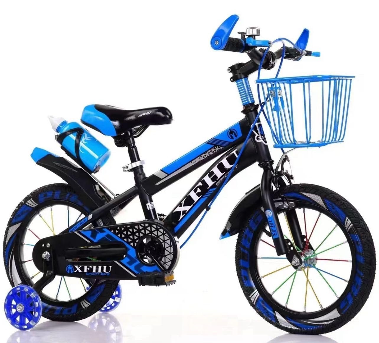 Kids Boys Bike 20" with Stabilisers, Basket, Bell & Water Bottle — Adjustable Seat & Handlebars