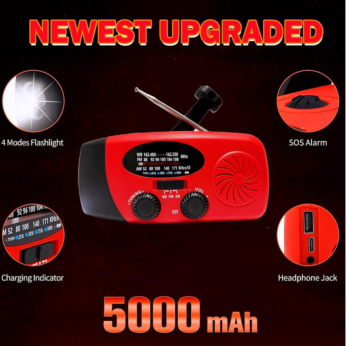 5000mAh Wind Up Solar Radio, Emergency Crank Weather Radio, FM/AM Radios
