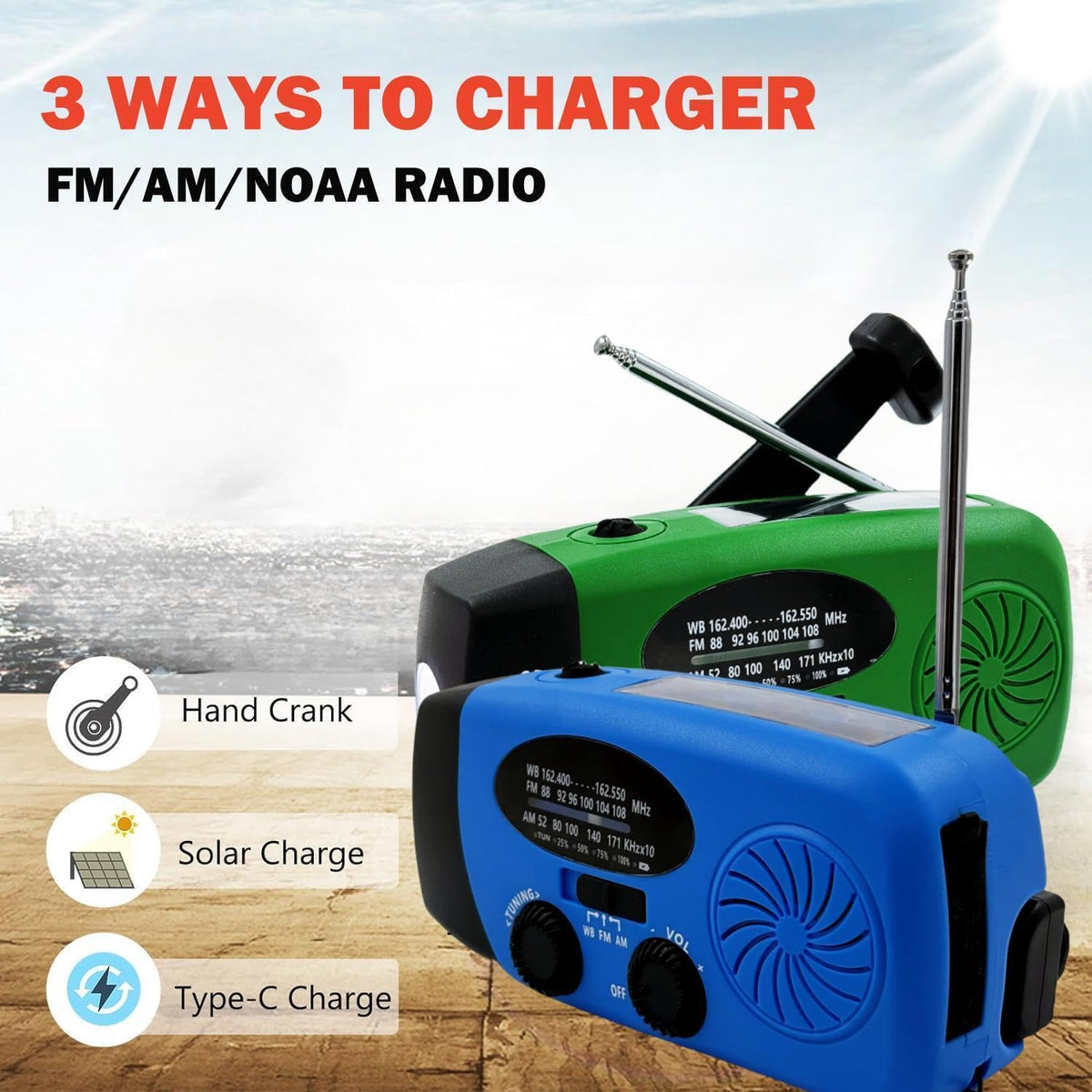 5000mAh Wind Up Solar Radio, Emergency Crank Weather Radio, FM/AM Radios