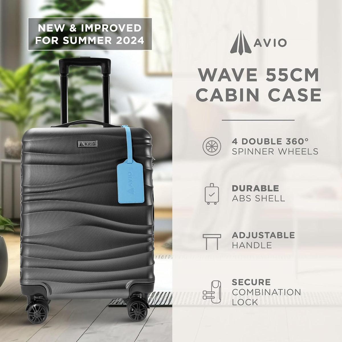 Avio Carry-On Cabin Luggage 55x40x20cm | Hard Shell Suitcase 4 Wheels