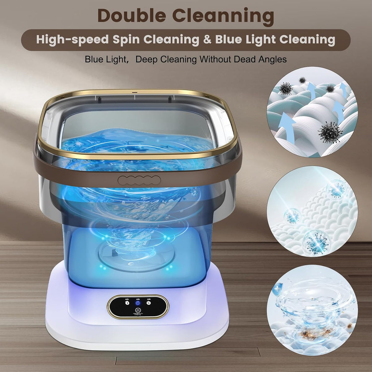 Mini Washing Machine, 15L Portable Washing Machine with Spin Dryer & 3 Cleaning Modes for Small Clothes, Foldable Portable Washer for Apartments, Dorms, Camping (Khaki)