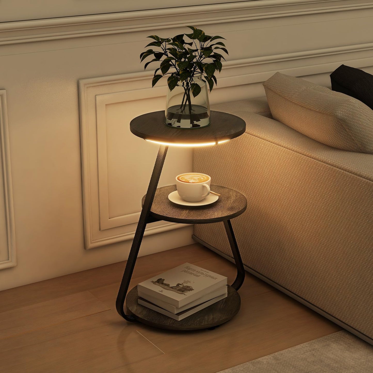ARTETHYS Side Table, Small Round Coffee Table with 3 Color LED Lights, End Table with 3 Tier Storage Shelves, Bedside Sofa Side Tables for Living Room Bedroom, Rustic Brown