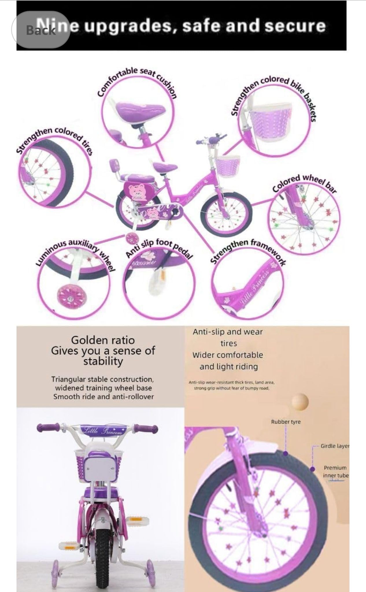 Girls Bike 16" Purple with Stabilisers, Basket & Bell — Adjustable Seat & Handlebars