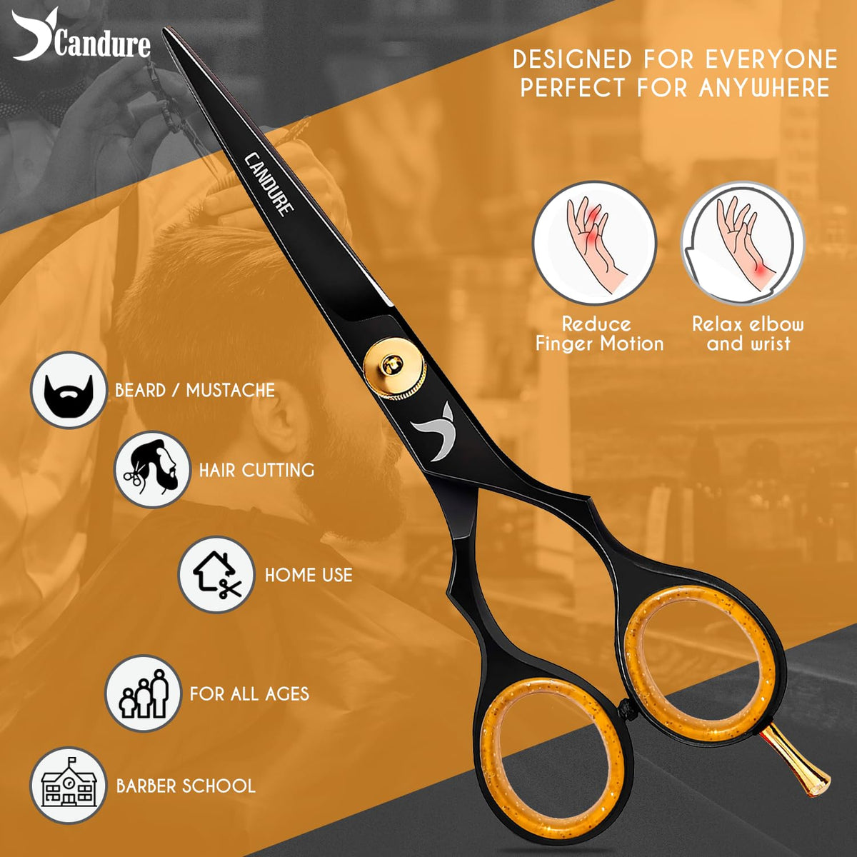 Candure Hairdressing Scissor with Comb & Leather Pouch 6.5" - Hair Scissor for Professional Hairdressers, Barbers Stainless Steel Hair Cutting Shears for Salon, Men, Women, Children and Adults Black