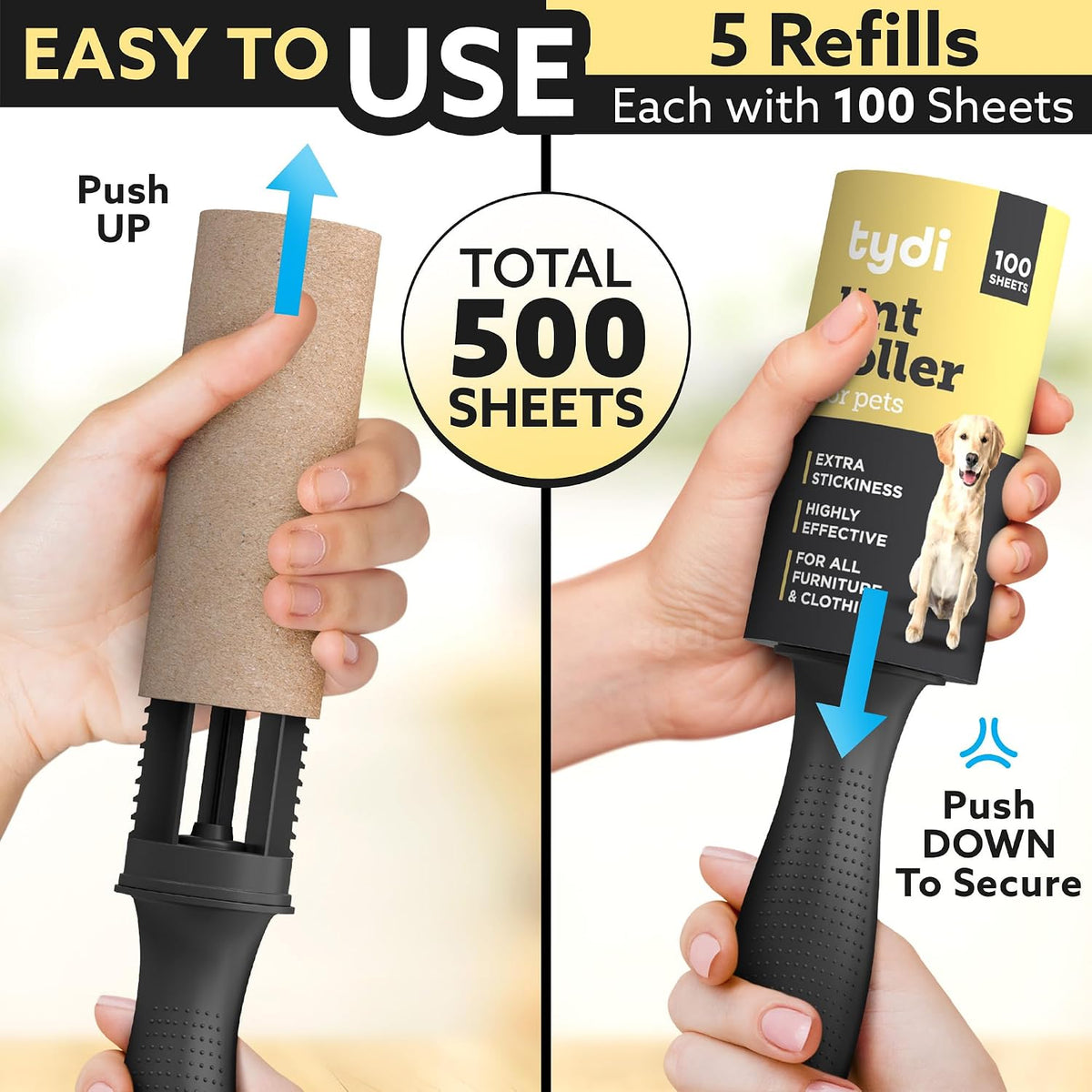 Tydi Pet Hair Lint Rollers, 1700 Sheets with 2 Handles