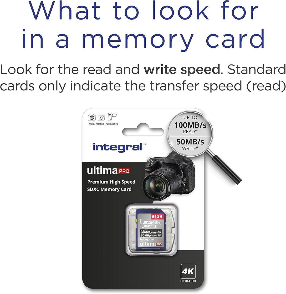 Integral 64GB SD Card 4K Ultra-HD Video High Speed SDXC V30 UHS-I U3 Class 10 Memory Card up to 100MB/s, Color May Vary