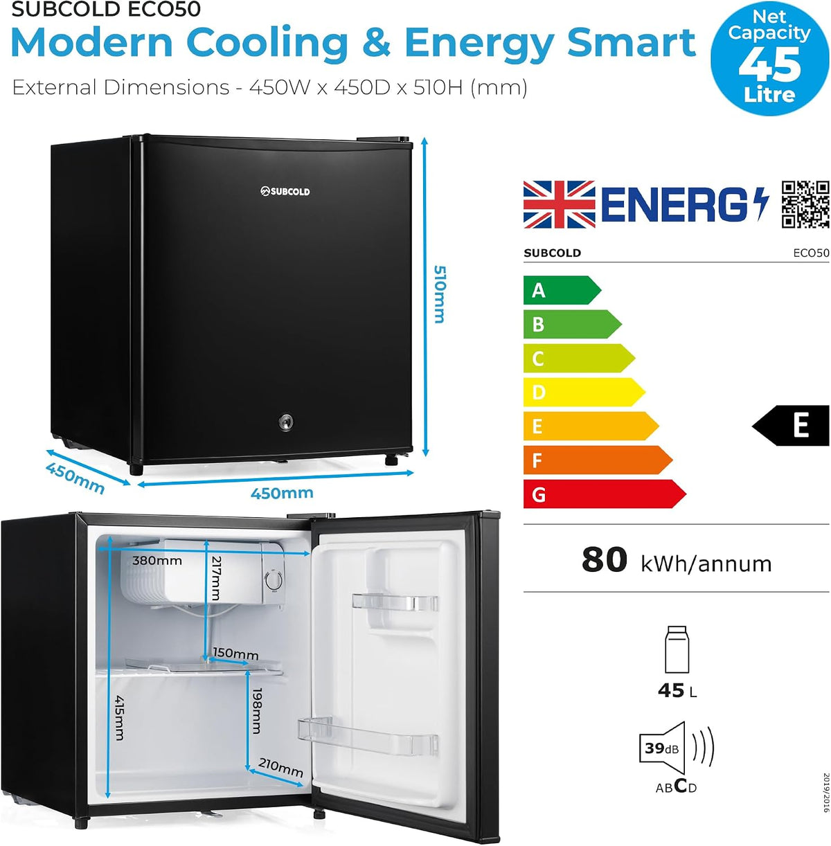 Subcold Eco50 Mini Fridge | 45L Tabletop Solid Door | Chiller Box & Lock
