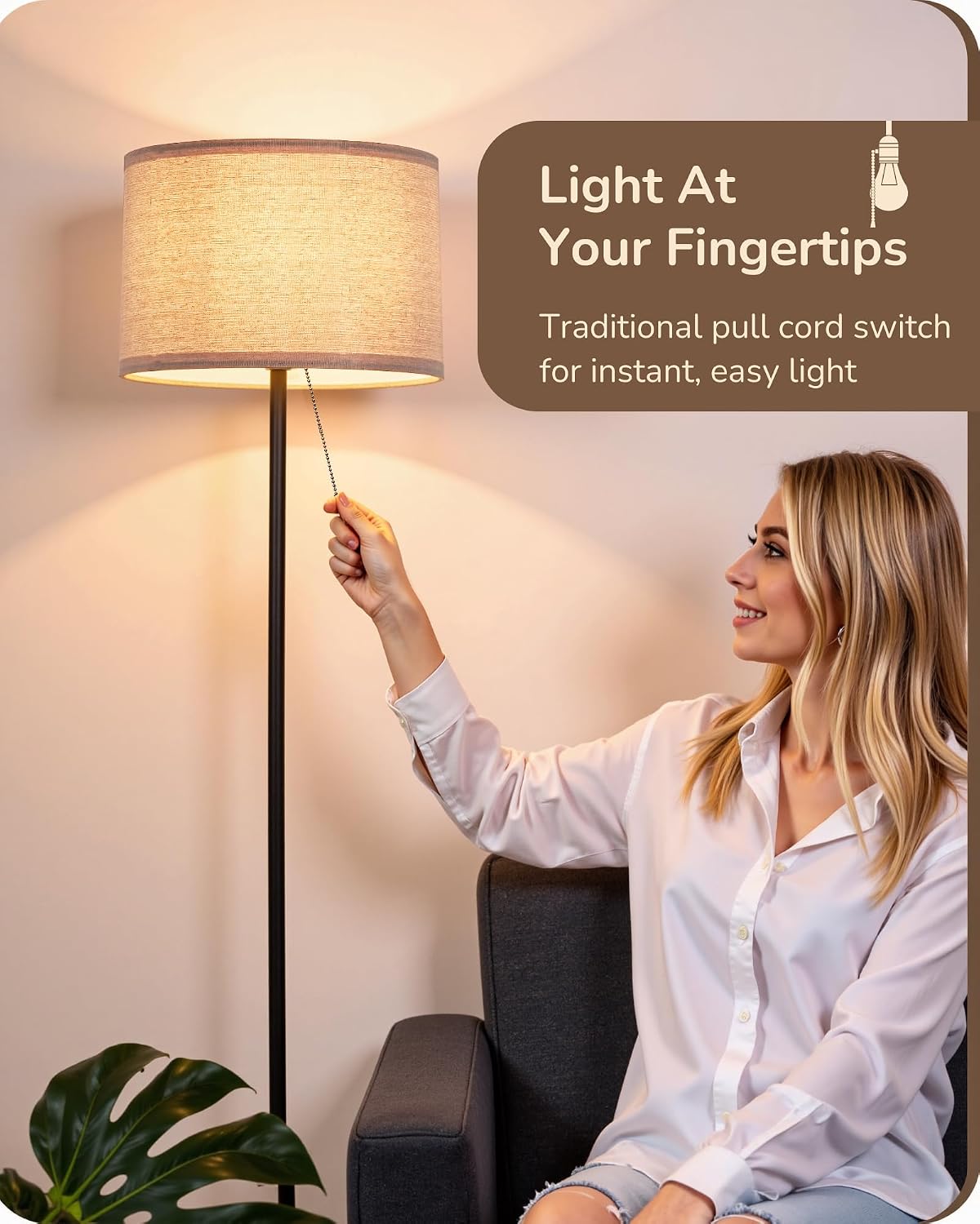 EDISHINE 57'' Modern Floor Lamp with Linen Shade, 2700K LED Bulb Included