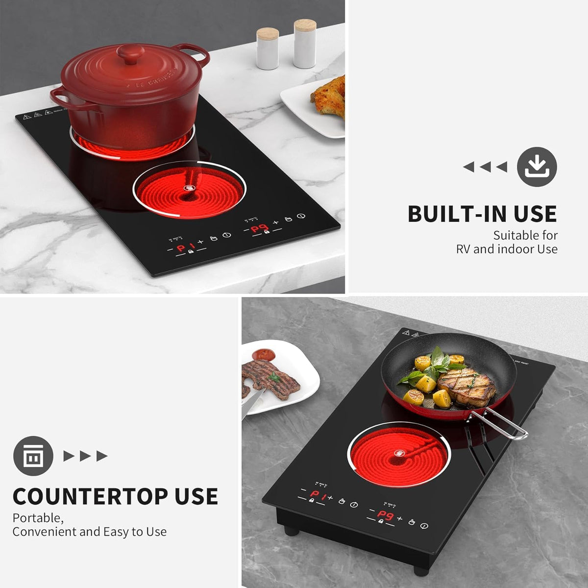 VBGK Double Induction Hob,220V 3600W 2 Ring Induction Hob with Knob Control,9 Power Levels, Kids Lock & Timer,LED Touch Control,Overheat Protection