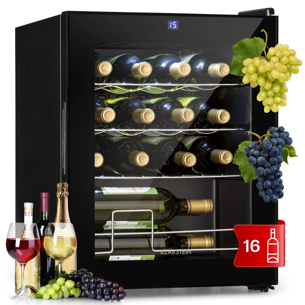 KLARSTEIN Shiraz Wine Cooler Black – 8 Bottles, 1 Zone | Freestanding Wine Fridge with Glass Door, Quiet, 5–18 °C, LED, Stainless Steel Frame