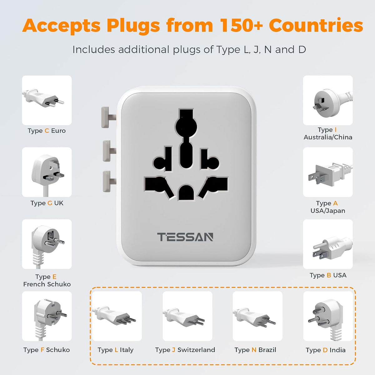 TESSAN Universal Travel Adapter Worldwide with 2 USB C and 2 USB A Ports