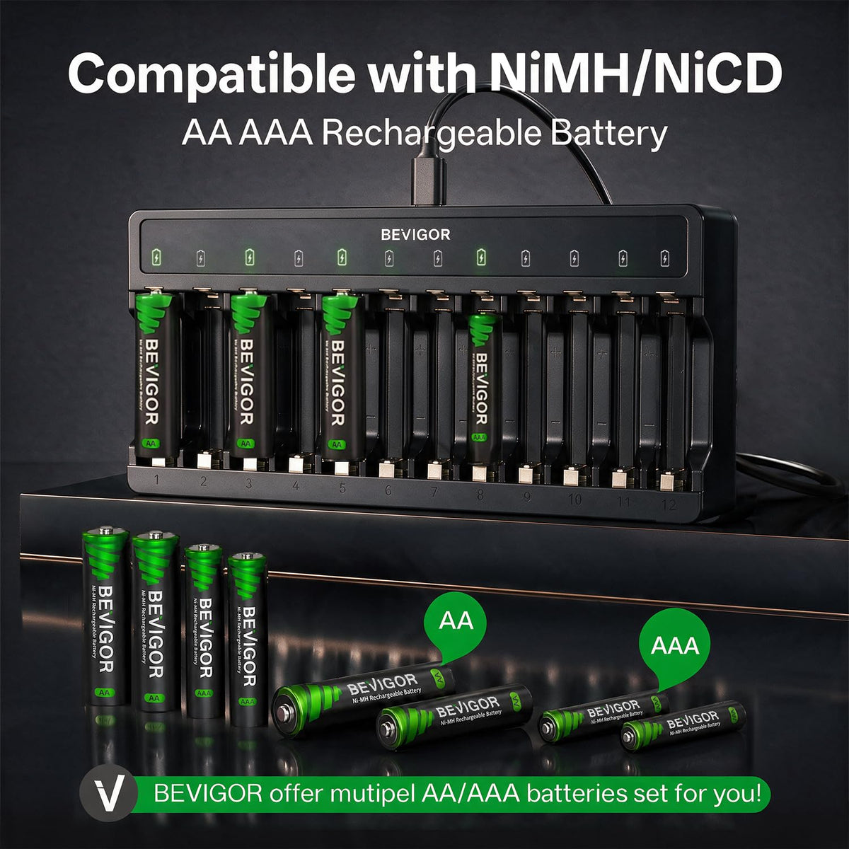BEVIGOR 16 Slot Battery Charger for AA & AAA Rechargeable Batteries