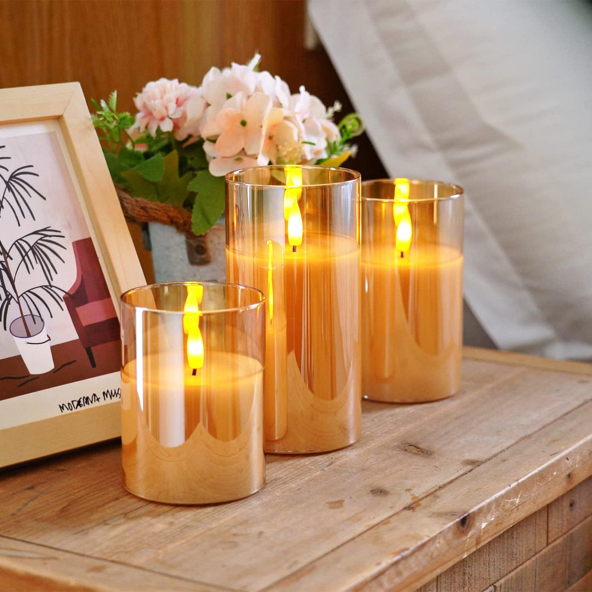 Homemory Real Wax LED Candles Flickering, Clear Glass Shell, Gold, Set of 3