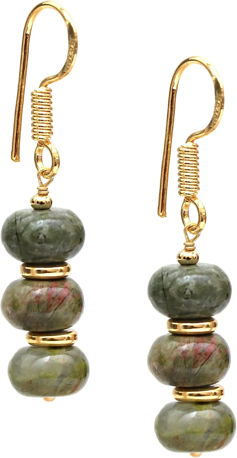 Gempires Natural Gemstone Rondelle Bead Earrings for Women | 8mm Beaded Drop Dangle Earrings | Gold Plated Hypoallergenic Hook Jewelry | Handmade Lightweight Crystal Earrings