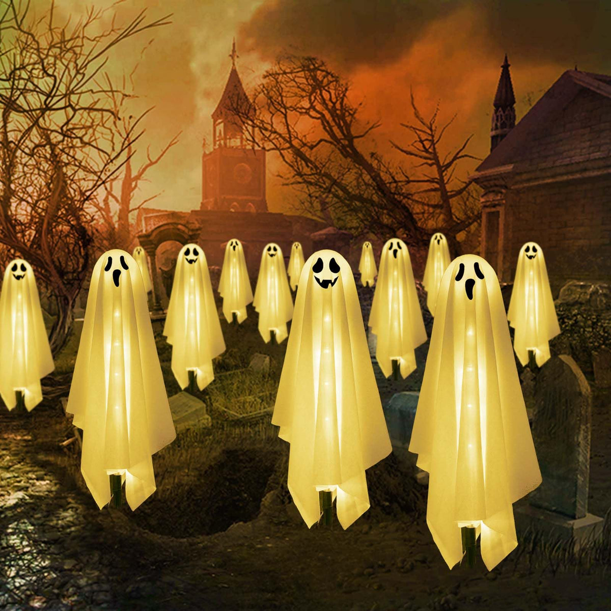 Set of 6 Solar Ghost Stake Lights, Halloween Decorations Outdoor, Scary Spooky Garden Patio Grave Lawn Porch Pathway Lights for Outside Yard Trick or Treat Halloween Party Decor Cool White