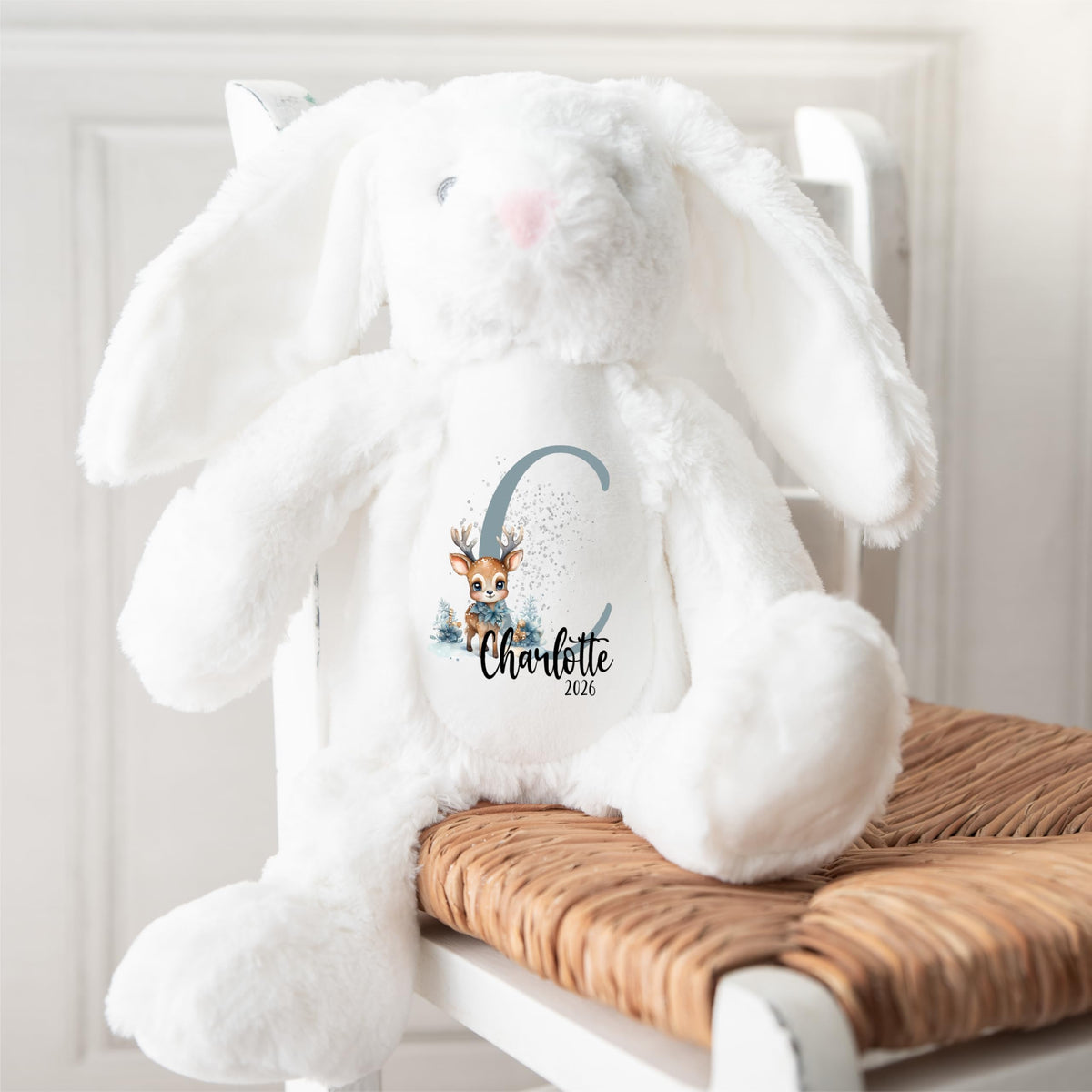 Crafted Memories - Personalised Teddy | Velveteen Bunny Soft Toy | Customisable Name for Newborns | Keepsake for Boys & Girls | Baby Shower Item | Pink Initial | Grey or White, 20-23cm