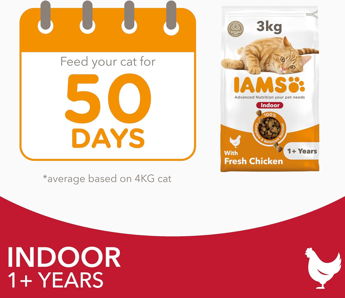 IAMS Indoor Complete Dry Cat Food Chicken 3kg - Litter Odour Control, Hairballs & Weight Management
