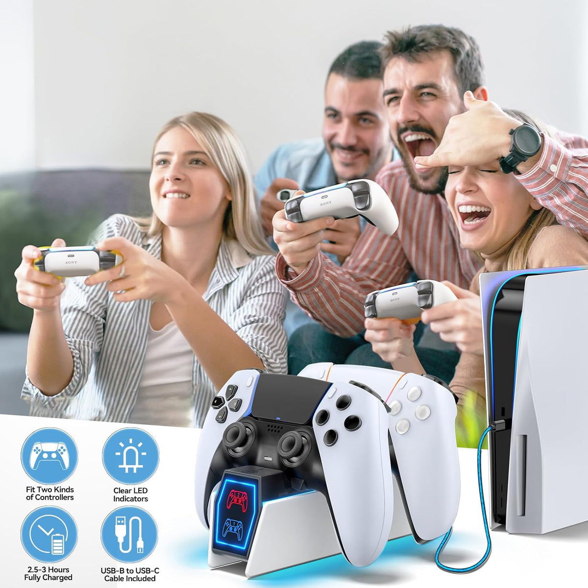Tokluck Controller Charger Station Compatible with PS5 DualSense & Edge, RGB Charging Stand for PS5 Dual Controller Gaming, Games Charging Dock with LED Lights & Cable for PlayStation 5 Accessories