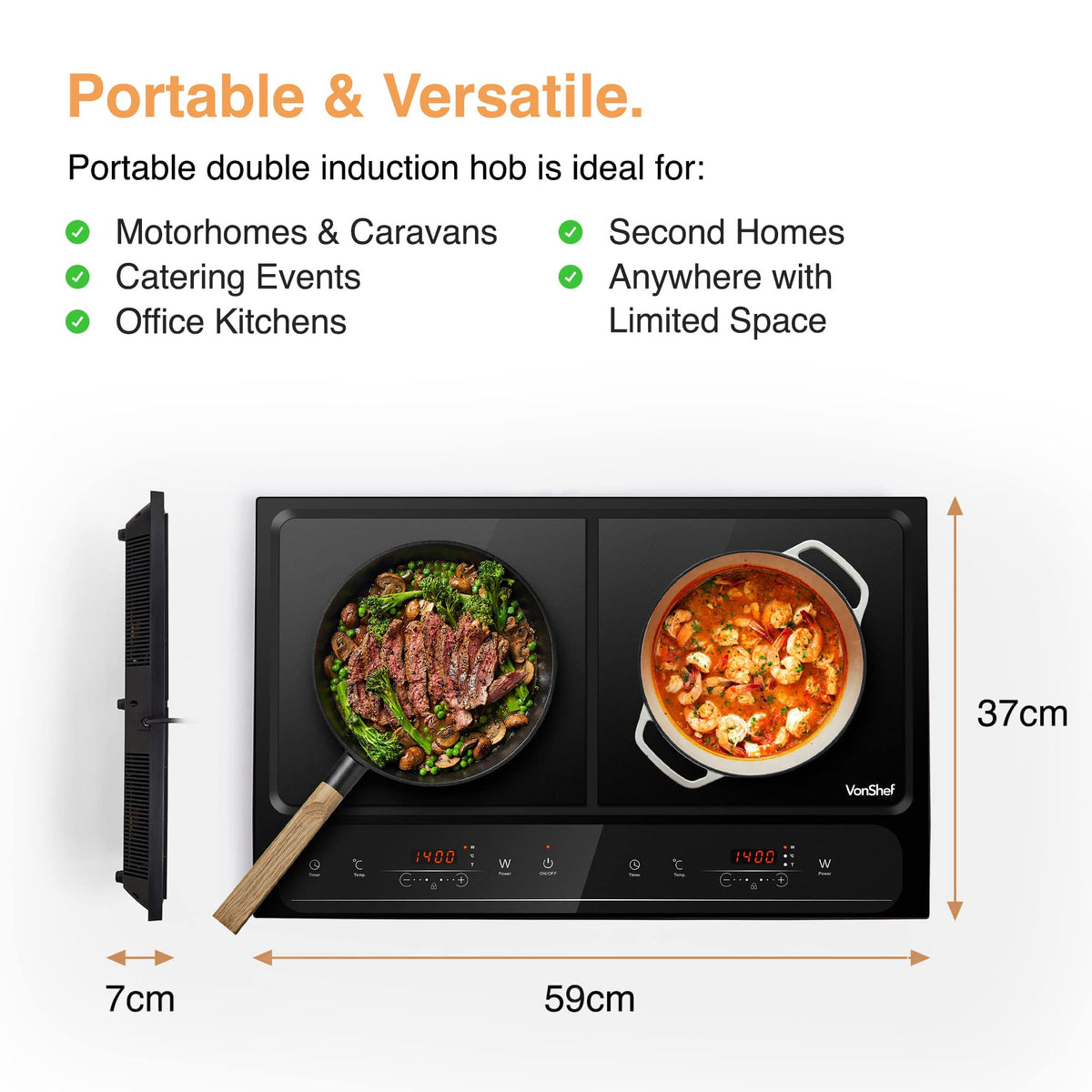 VonShef Single Induction Hob – 2000W Portable Induction Cooker w/LED Touch Display, 3 Hour Timer, 10 Heat Settings 60-240°C, Safety Lock - Black