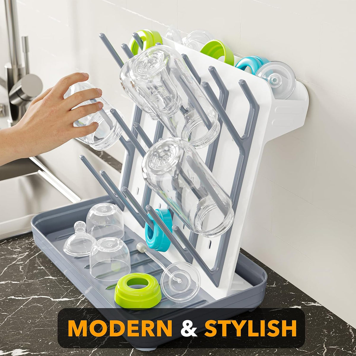SpaceAid Baby Bottle Drying Rack with 20 Hooks, White and Gray