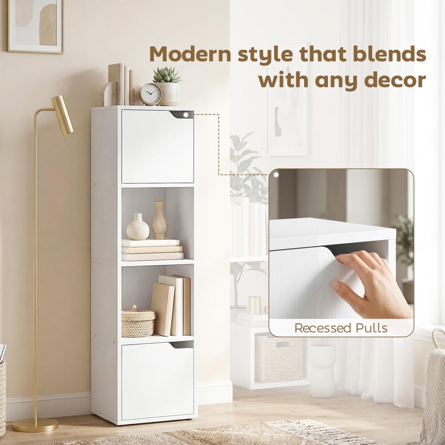 HOMCOM Bookcase with 2 Cabinets and Doors, 4-Tier Bookshelf, Storage Cabinet with Open Shelves and Anti-Tipping Design, for Living Room, Bedroom, Home Office, White