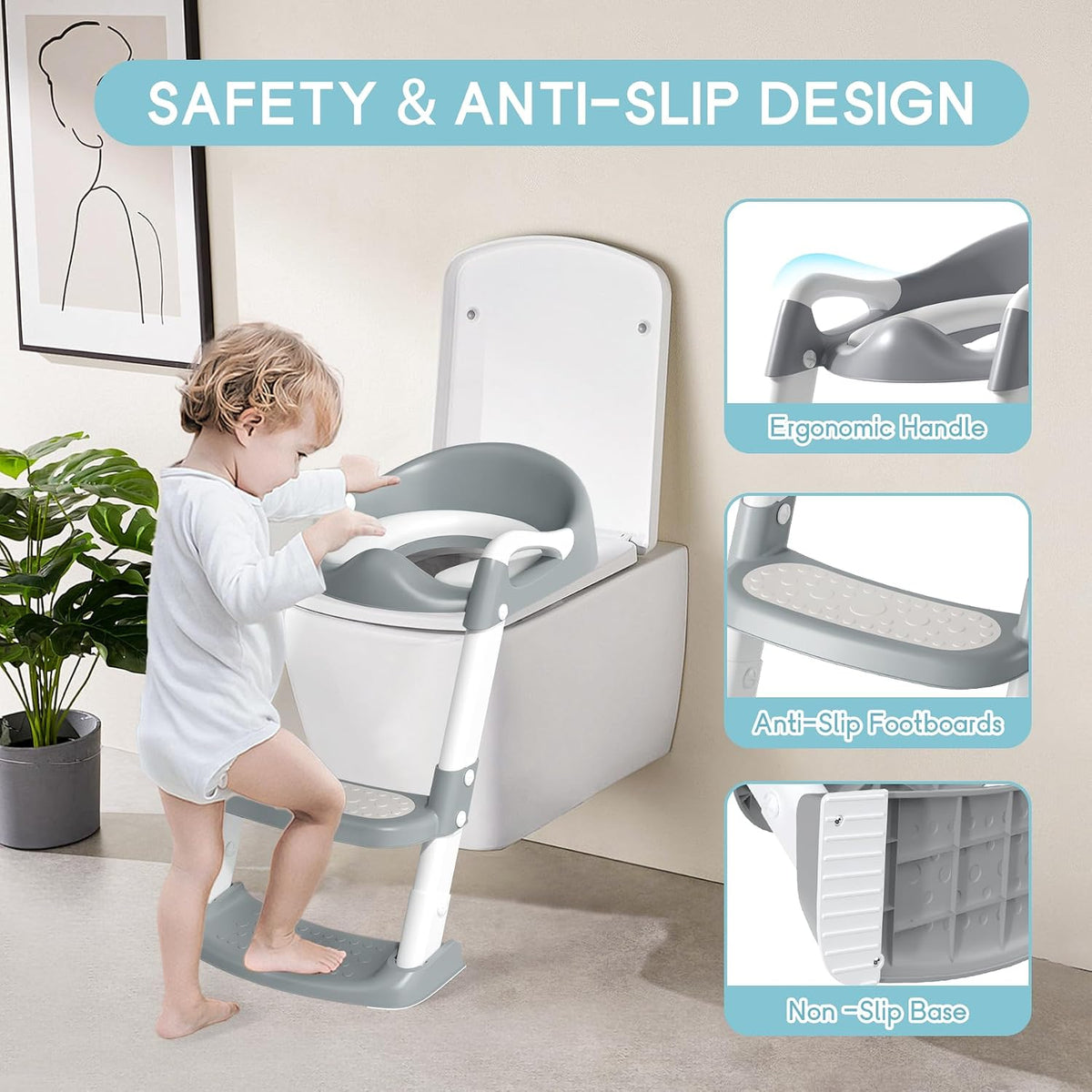 COOSEYA Potty Training Toddler Toilet Seat,Kids Toilet Seat and Step,Grey