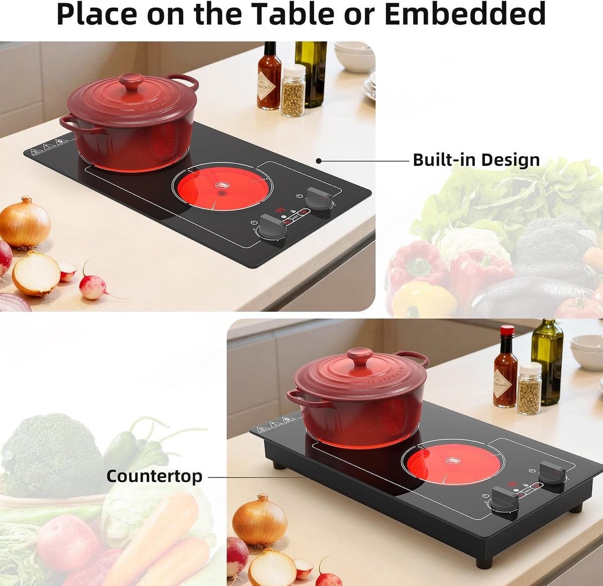 VBGK 2 Ring Electric Hob with Knob, 220V 3000W Double Ceramic Hob, 9 Power Levels, Kids Lock & Timer, Hot Surface Indicator, Overheat Protection, Knob and Touch Control Double Electric Hob