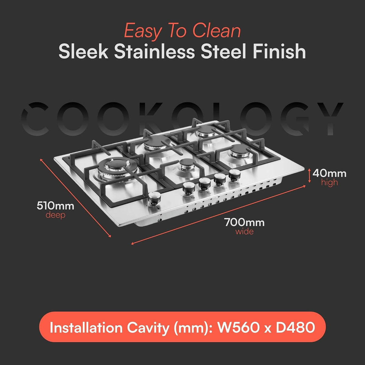 Cookology 70cm 5-Burner Gas Hob - Wok Burner - Stainless Steel