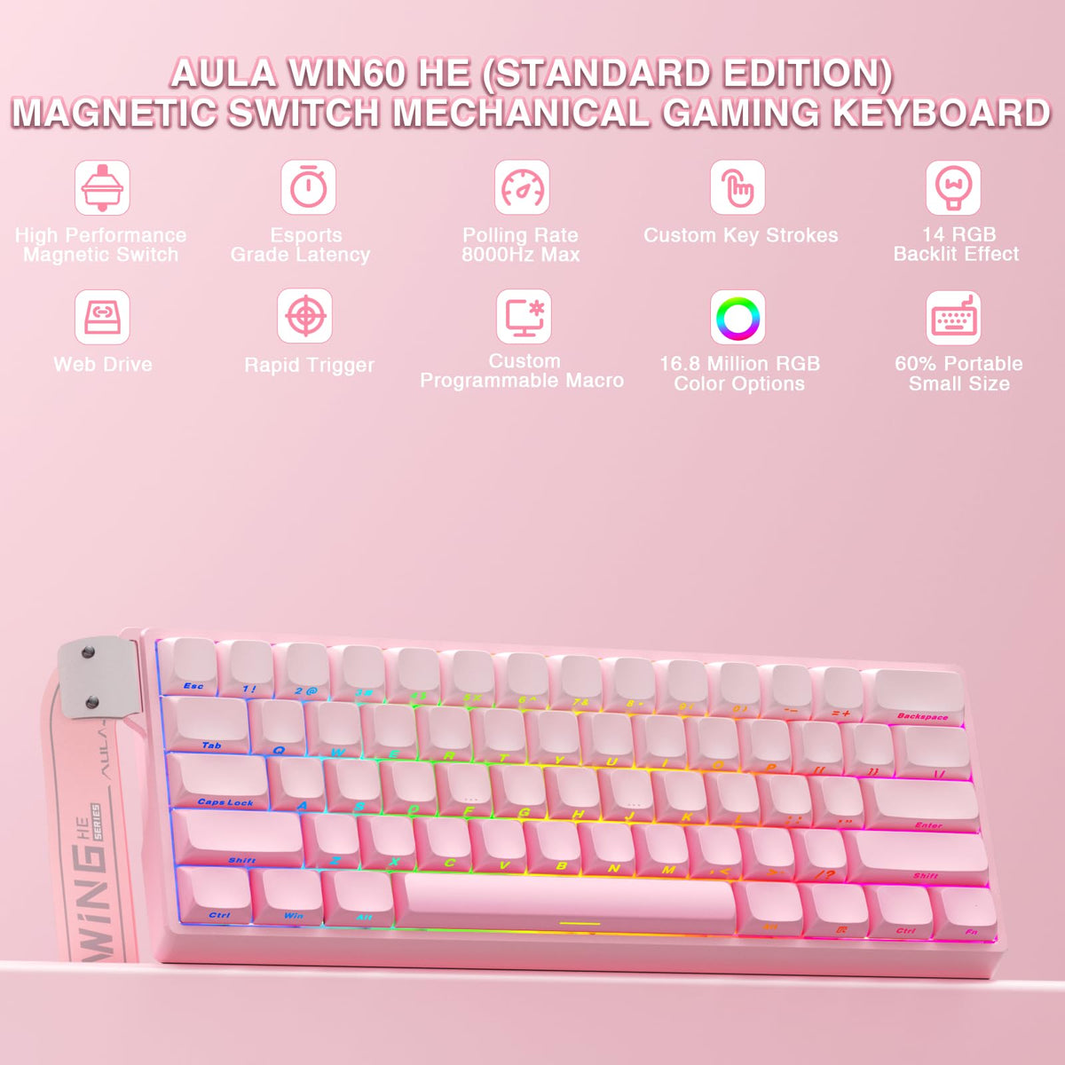 AULA WIN60 HE Mechanical Gaming Keyboard Wired,Hall Effect Magnetic Switches,Adjustable Actuation Rapid Trigger,8K Polling Rate,RGB Backlight,60% Percent Keyboard for Mac/Win (BLACK) (Pack of 2)