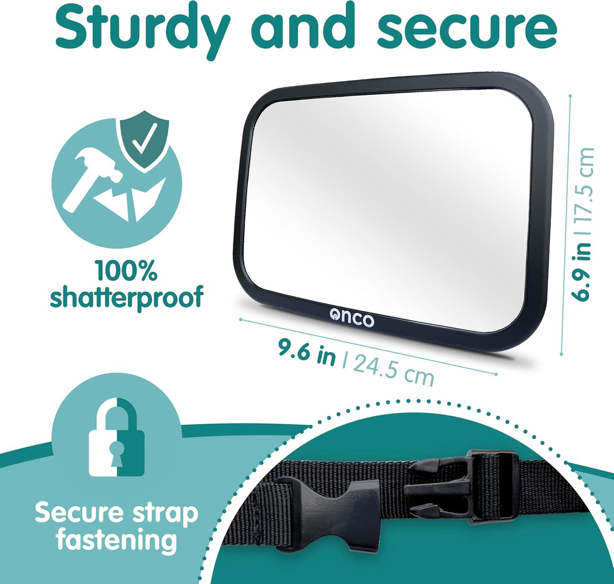 Onco Baby Car Mirror - Award-Winning, Shatterproof & Shakeproof [Black]