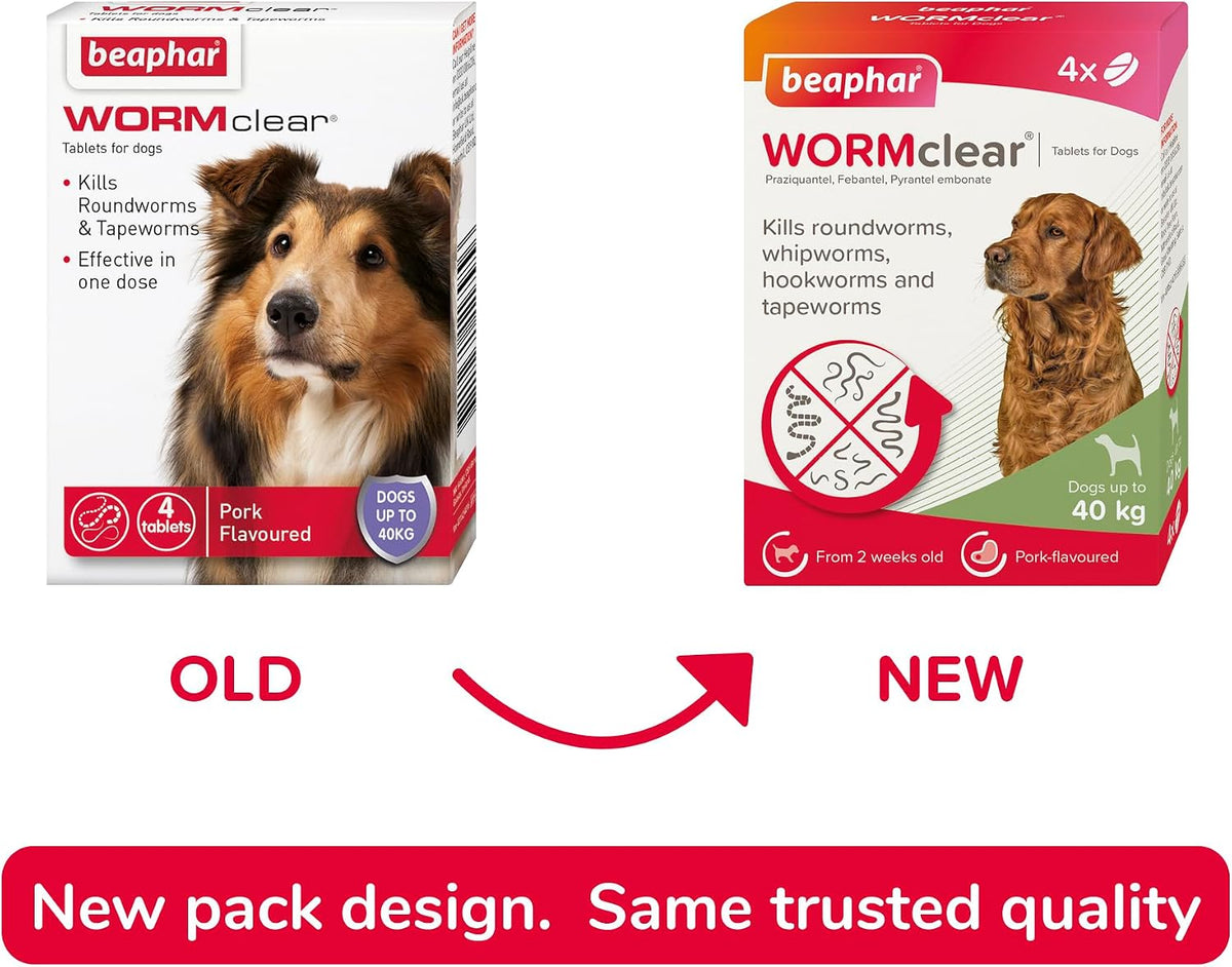 Beaphar - WORMclear® Tablets for Dogs up to 40kg - 4 Tablets - Kills All Common UK Intestinal Worms (Roundworms & Tapeworms) - Vet Strength Wormer - Pork-Flavoured - For dogs over 2 weeks old & 3kg