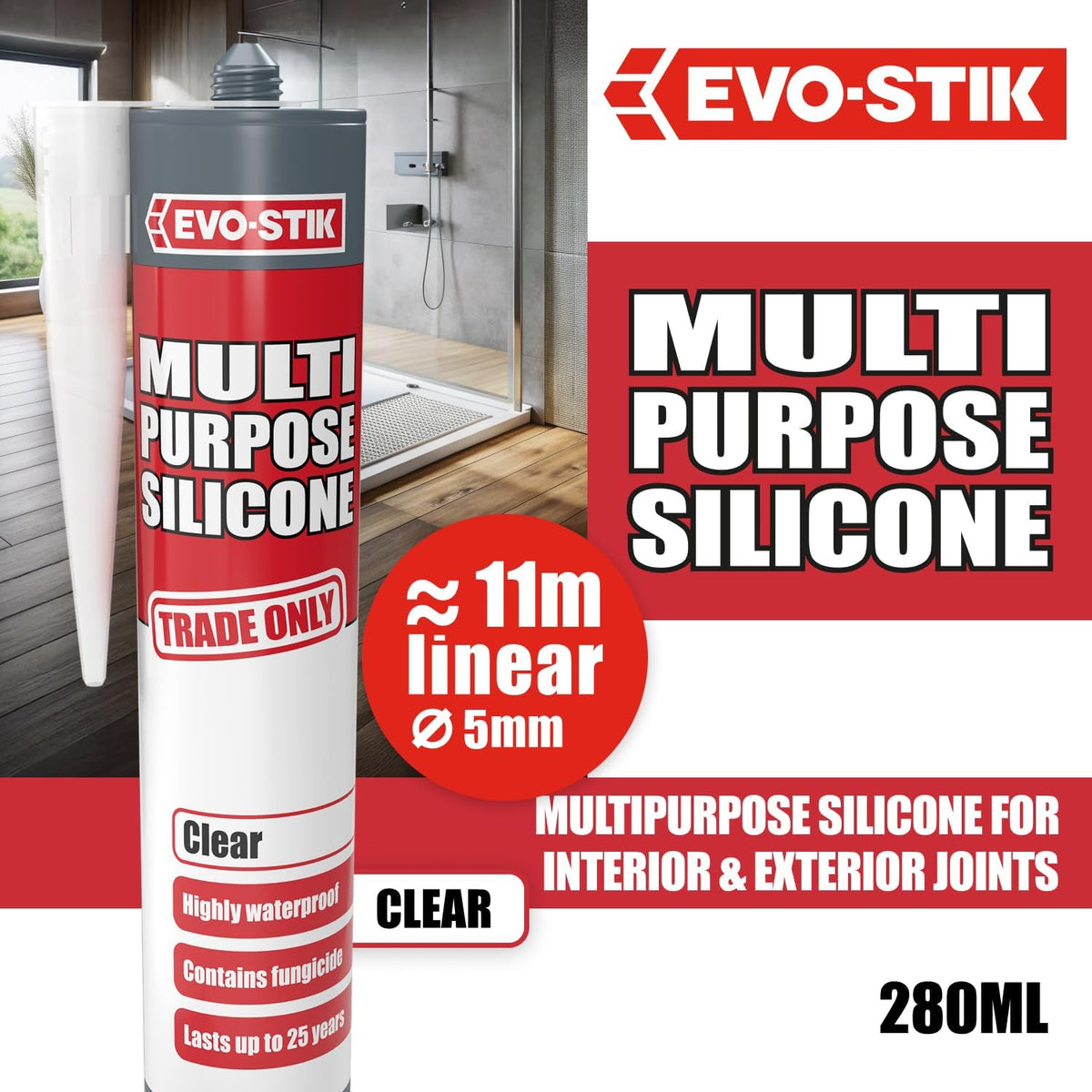 EVO-STIK Multipurpose Silicone Sealant Clear - Waterproof - Mould Resistant
