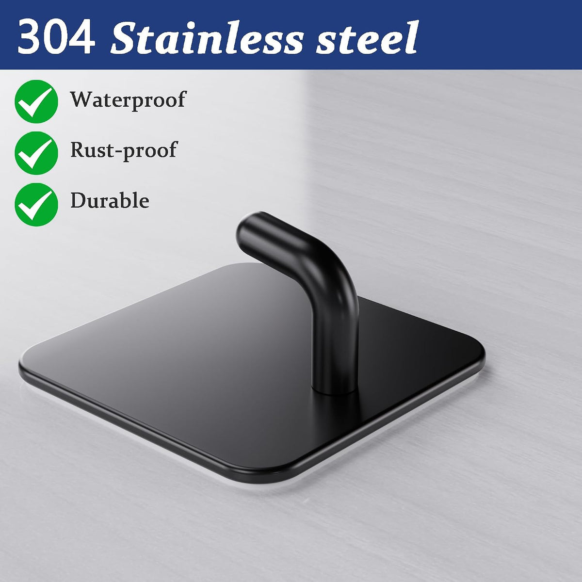 Aikzik 6 Pack Self Adhesive Hooks, Stainless Steel Sticky Hook Heavy Duty, Over 8kg Load - Hooks for Hanging for Towel, Coat, Key, Stick on Bathroom, Kitchen, Door and Wall, Black