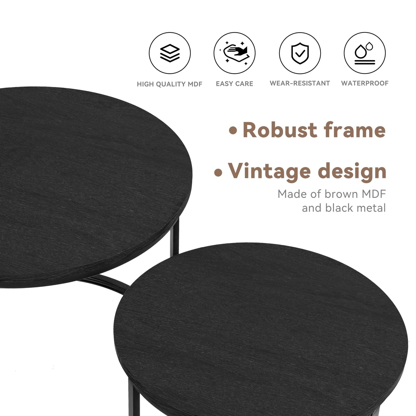 Hawthyhome Coffee Tables, Round Nesting Tables Tet of 2, Modern Side Tables with Metal Frame, Industrial Stacking End Tables for Living Room Bedroom Office, 60 * 60 * 45cm, Brown