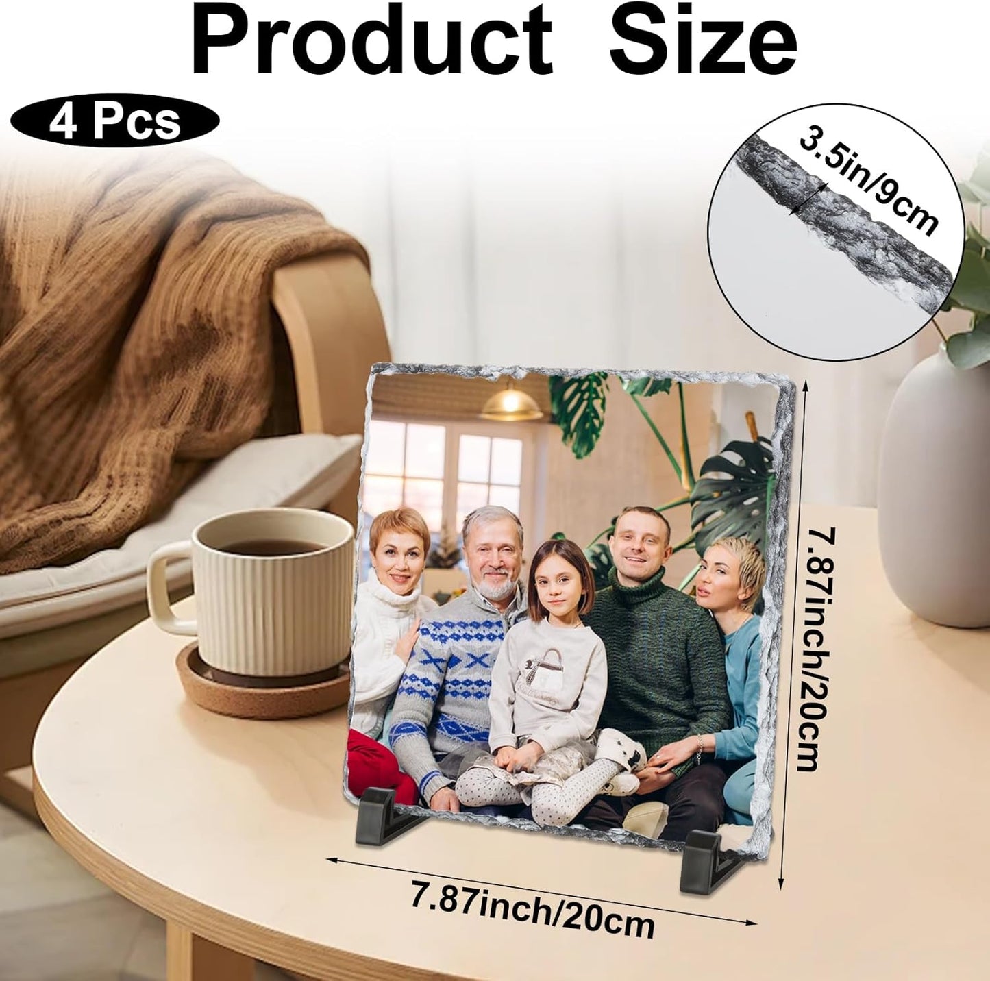 4 Pcs Slate Photo Personalised, 20cm x 20cm Photo Slate with Stand, Slate Picture Personalised, Rock Slate Photo Personalised Gift for Mother's Day, Father's Day, Birthday, Christmas