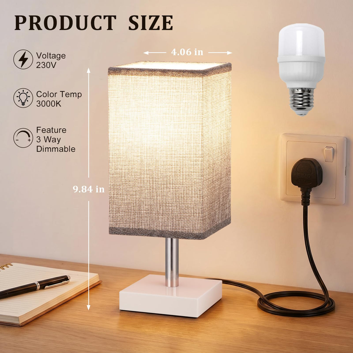 White Table Lamp for Bedroom, Small Bed Lamp with for Bedroom, Silver Base(Bulb Included)